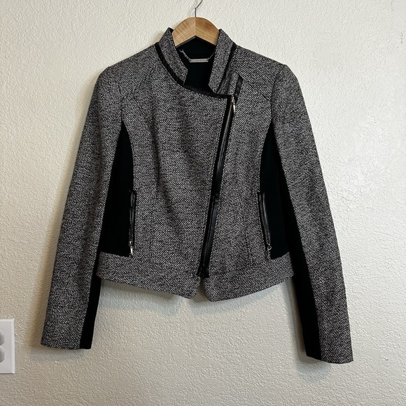 White House Black Market Women's Size 4 Vegan Leather Ponte Jacket Top Tweed Zip - Picture 1 of 7